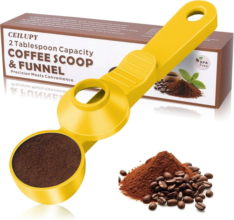 CEILUPY 2-in-1 Coffee Scoop with Funnel, 2 Teaspoon Measuring Spoon for Reusable Pods, Ground Coffee, Protein Powder & Tea, Mess-Free Plastic Design (Yellow) - Image 1